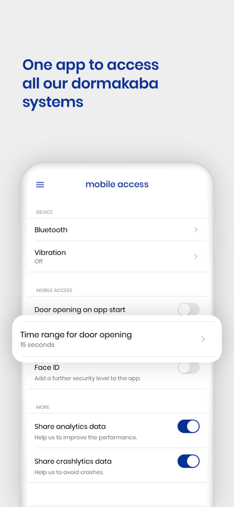 dormakaba mobile access app interface showing security and door opening settings