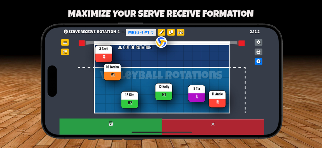 Volleyball Rotations - Smartphone screen displaying a volleyball serve receive rotation layout with player positions