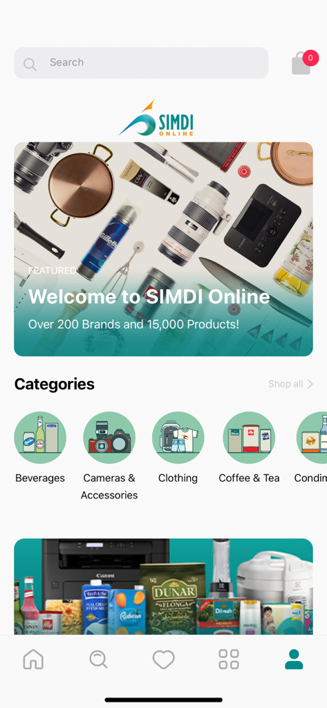 SIMDI Online shopping app dashboard with product categories like beverages and electronics