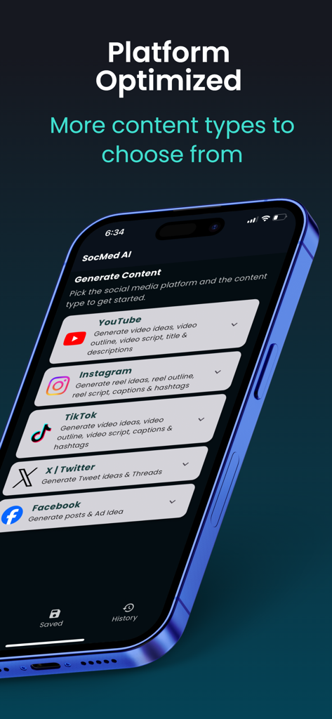 Pantalla de teléfono inteligente que muestra la aplicación Viral AI con opciones de generación de contenido para YouTube, Instagram, TikTok y Twitter.