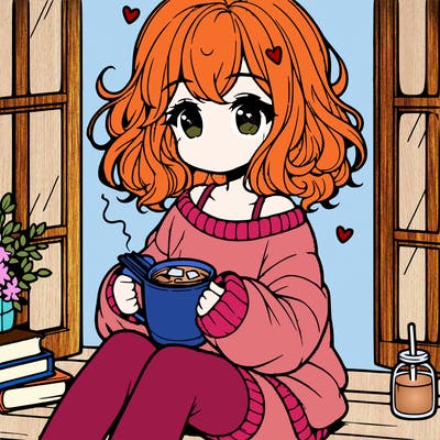 cute anime girl reading book and drinking hot chocolate from mug with loose wavy hair wearing a baggy sweatshirt and shorts sitting by windowsill looking out