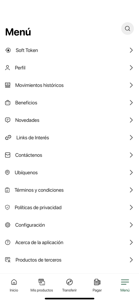 Main menu screen of the CoopSanjosé En Línea banking app showing account options and settings in Spanish