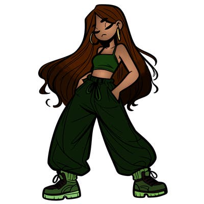 girl in baggy pants crop top and long hair