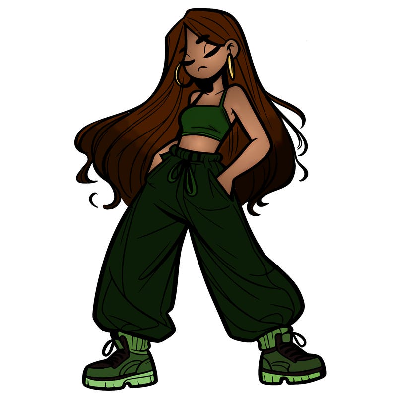 girl in baggy pants crop top and long hair