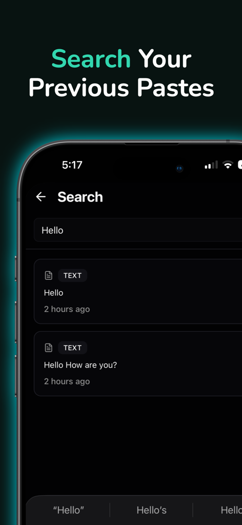 Cross Paste: Clipboard Sync - Search screen of Cross Paste app showing previous clipboard history for the word hello on an iPhone
