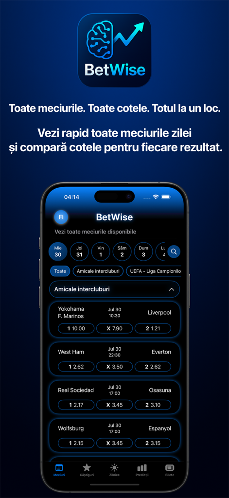 BetWise - iPhone screen displaying BetWise app sports match listings and betting odds comparison