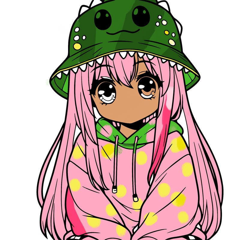 girl with anime shaped eyes with a dinosaur bucket hat oversized sweatshirt long straight hair