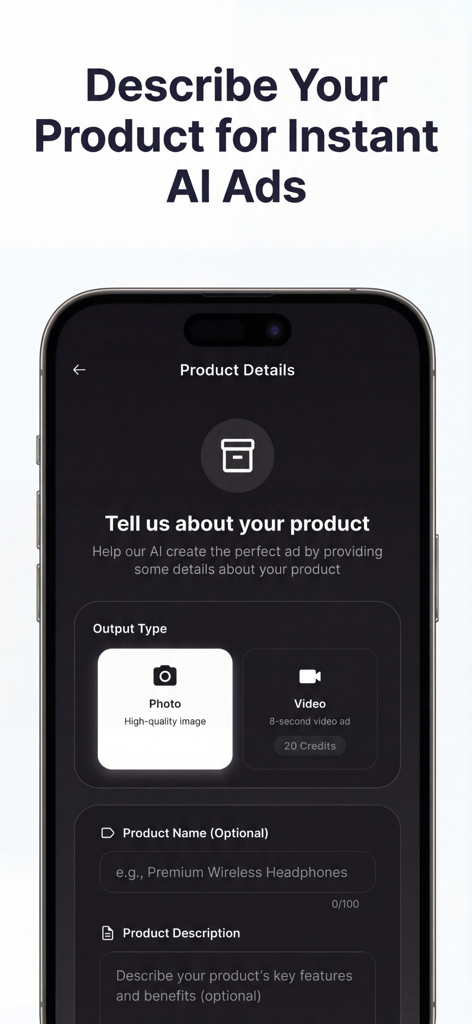 Adify AI - AI Ad Generator - Adify AI app interface for entering product details and choosing between photo or video ad output.