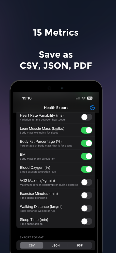 Health Exporter Offline - Health Exporter Offline app screen showing selection of health metrics and export formats for CSV JSON and PDF