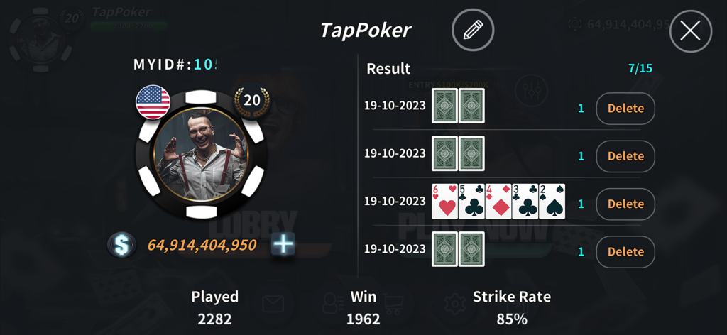 Tap Poker Social - User profile screen in Tap Poker Social showing game statistics win rate and virtual currency balance