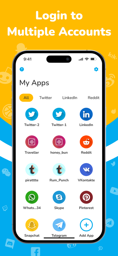 Parallel Space ‒ Dual Accounts - Parallel Space app interface showing multiple accounts for social media and messaging platforms on a single iPhone screen