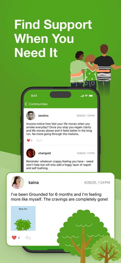 Grounded: Quit Weed Smoking - Grounded app community feed showing supportive user posts for quitting cannabis