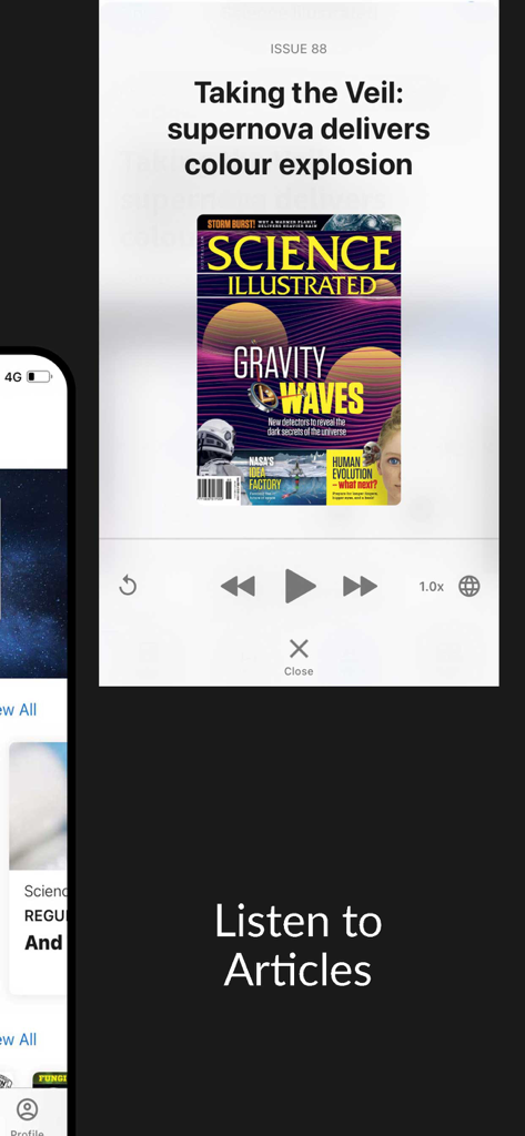 Science Illustrated - Science Illustrated app screen showing the audio player feature to listen to magazine articles.