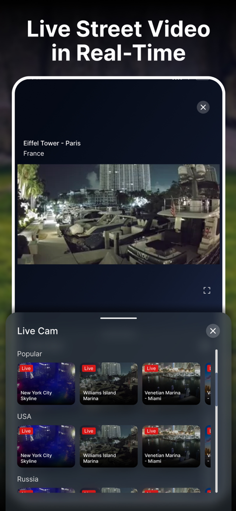 Live street video interface showing real-time camera feeds of global locations