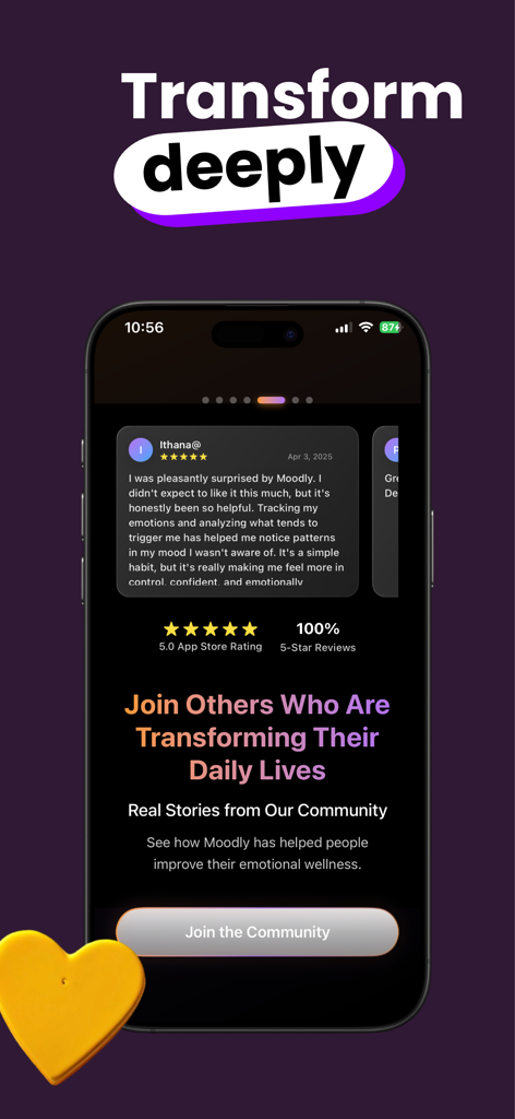 Mood tracker Moodly - Interfaz de la aplicación Moodly que muestra una reseña de usuario positiva y una calificación de cinco estrellas bajo el titular Transforma profundamente.