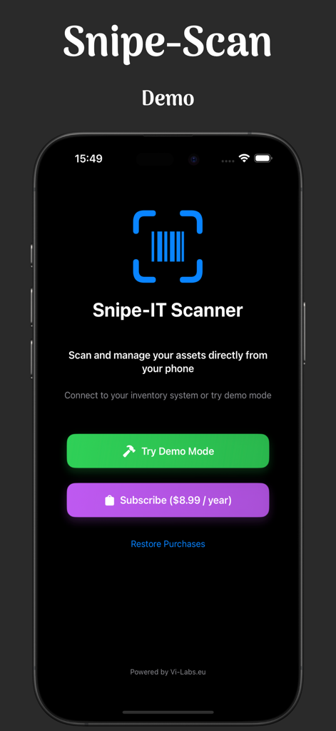 Snipe-Scan - Snipe-Scan app interface showing the Snipe-IT scanner and demo mode option