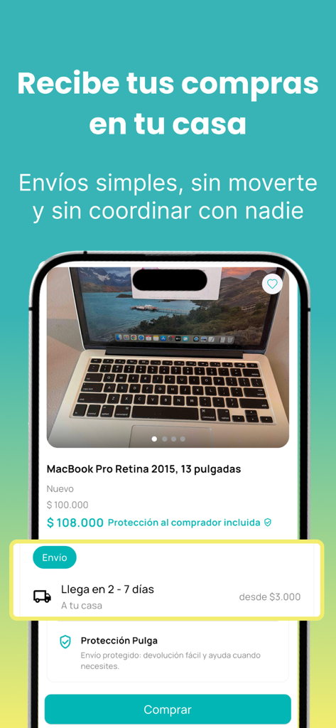 Pulga: compra y vende usados - Mobile app interface for Pulga showing a used MacBook listing with home delivery and buyer protection.