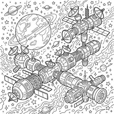 Embark on an epic cosmic journey with this detailed coloring page featuring advanced space exploration outposts. Color a universe filled with planets, stars, and intricate space stations awaiting your creative touch.