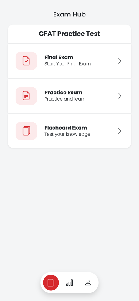 CFAT Practice Test - The Exam Hub interface of the CFAT Practice Test app featuring Final Exam, Practice Exam, and Flashcard study modes.