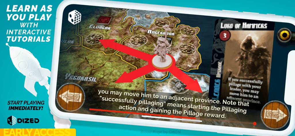 Dized app interactive tutorial showing board game rules on a mobile phone