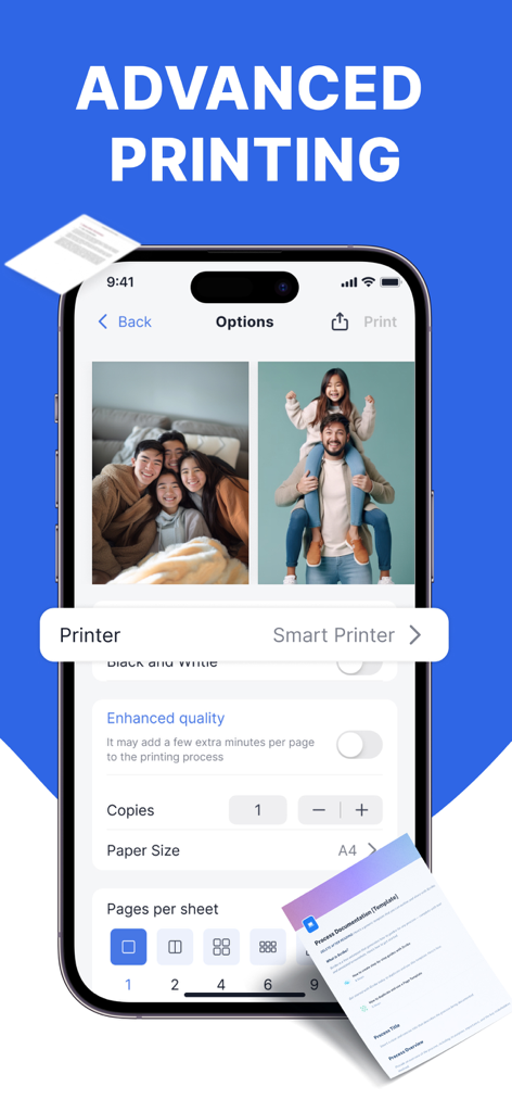 Smart Air Printer: Scan & Edit - Interfaz avanzada de impresión móvil mostrando selección de fotos y opciones de diseño de impresión en una pantalla de smartphone.