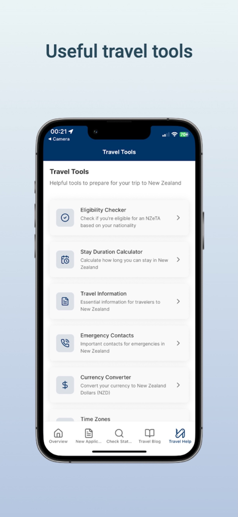 Interfaz de la aplicación Asistente NZeTA que muestra herramientas de viaje como el verificador de elegibilidad y la calculadora de duración de la estancia