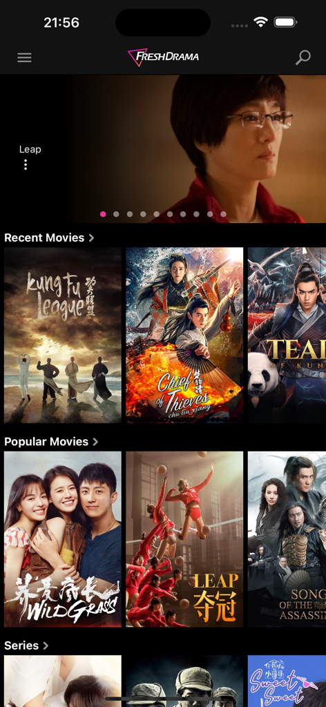 Fresh Drama - Interfaz de la aplicación móvil Fresh Drama mostrando una selección de películas y series chinas