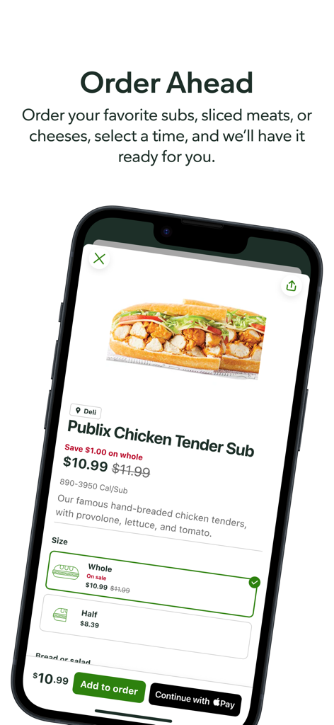 Publix app screen showing the order ahead feature for a chicken tender sub