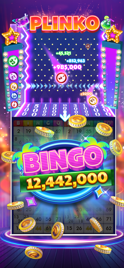 Live Party Bingo -Casino Bingo - Screenshot di gioco di Live Party Bingo che mostra un mini gioco Plinko e un punteggio di jackpot elevato su una cartella del bingo