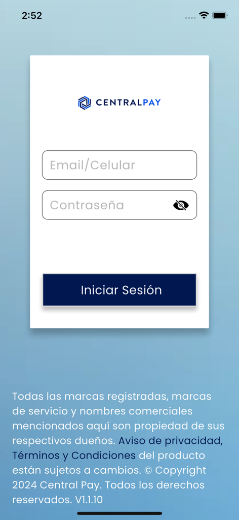 Central Pay - Central Pay mobile app login screen