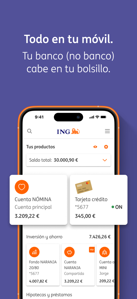 Dashboard do aplicativo de banco móvel ING mostrando saldos de contas e produtos financeiros