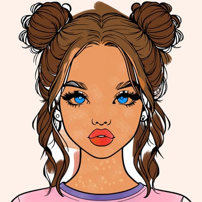 realistic girl with two buns in hair and lips