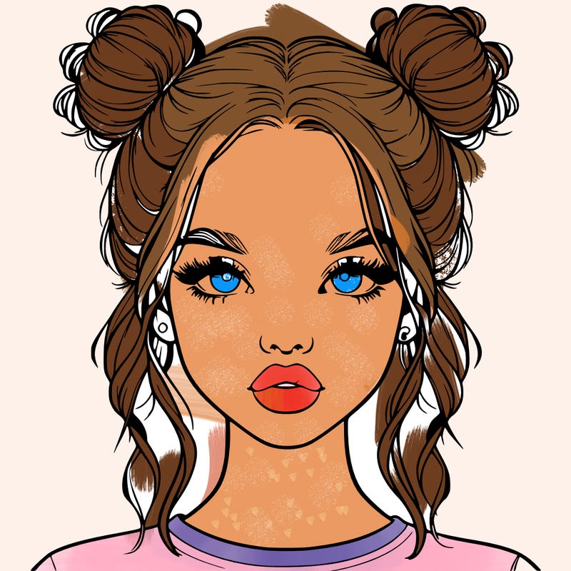 realistic girl with two buns in hair and lips