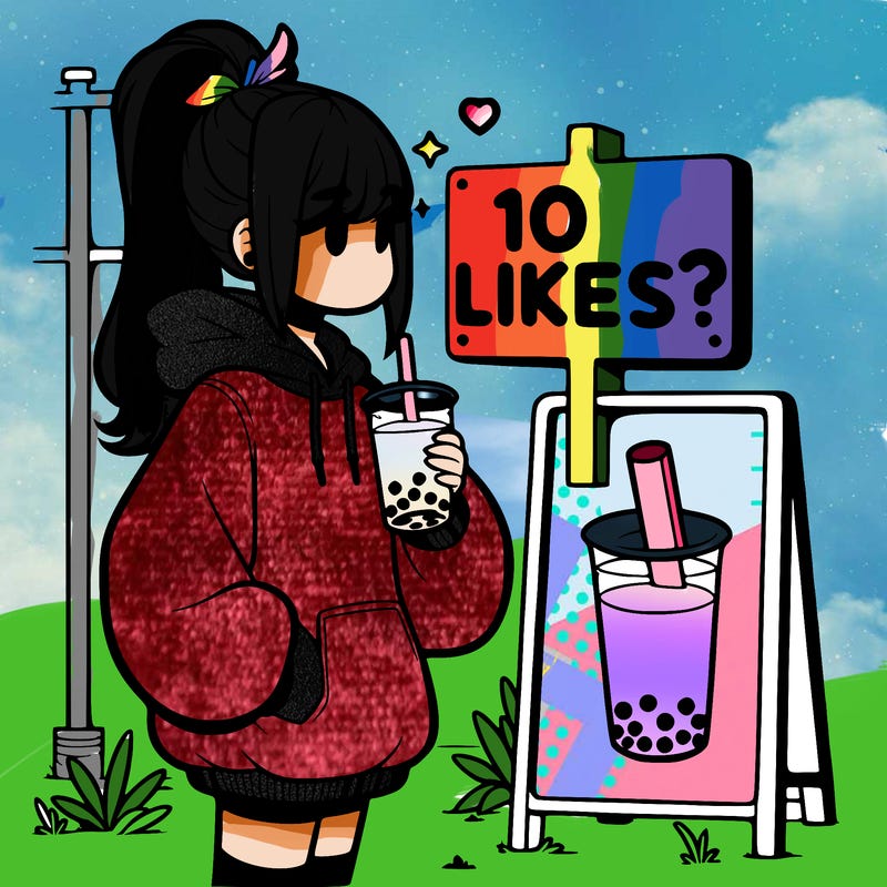 girl with oversized hoodie drinking boba and she has a high ponytail with a sign that says 10likes?