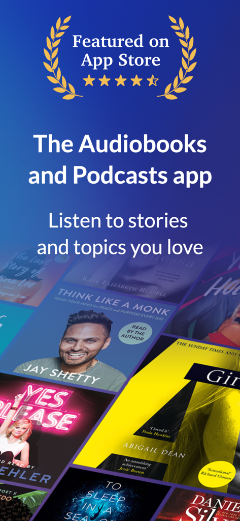 Promotional banner for Anyplay Audiobooks and Podcasts app featuring various book titles