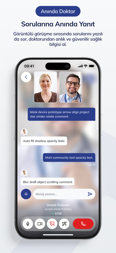 Elra: Sağlık Olsun - Pantalla de un teléfono inteligente que muestra una interfaz de chat y videollamada en vivo entre un paciente y un médico en la aplicación Elra