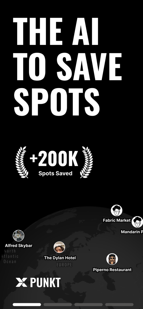 Punkt AI mobile app screen displaying a globe with pinned locations and a text overlay mentioning over 200 thousand spots saved.