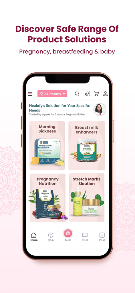 Healofy -Pregnancy & Parenting - Healofy app showing a range of pregnancy and breastfeeding product solutions including nutrition and morning sickness relief.