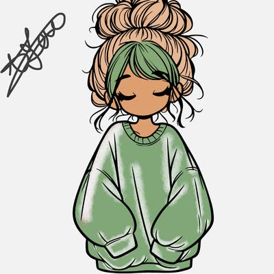 girl with baggy sweatshirt and messy bun