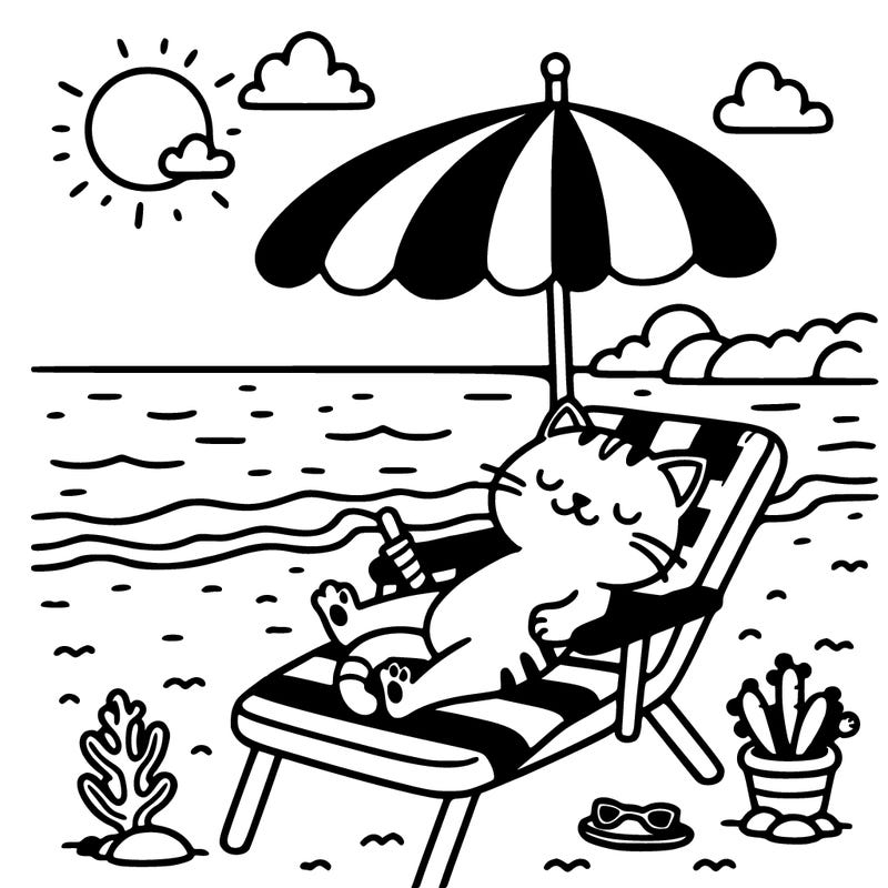 cat relaxing in chair at beach under umbrella sky, hat