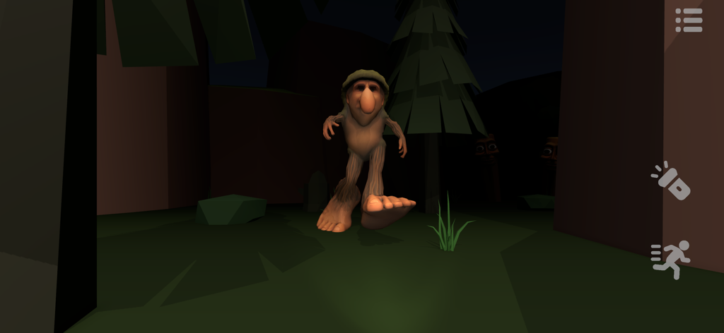 Brr Brr Patapim - Ein Gameplay-Screenshot des Horror-Survival-Spiels Brr Brr Patapim, der eine seltsame Troll-Kreatur in einem dunklen Wald zeigt.
