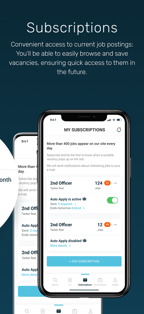 Maritime Zone: Seafarer Jobs - A mobile interface for the Maritime Zone app showing job subscriptions and auto-apply settings for seafarer roles