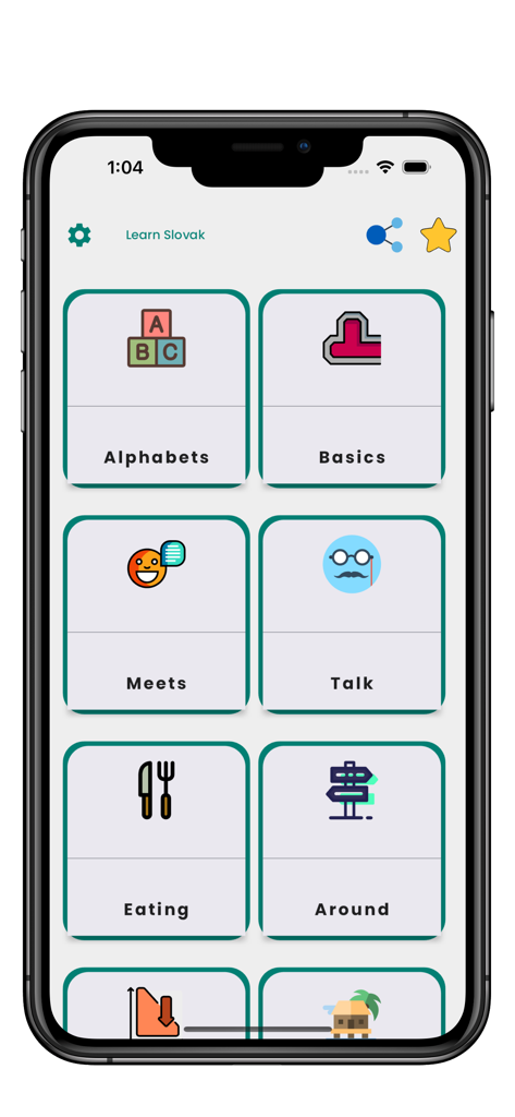 Écran principal de l'application Apprendre le slovaque affichant diverses catégories d'apprentissage comme les alphabets et les bases