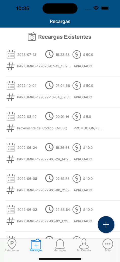Una lista de recargas pasadas de la cuenta de estacionamiento que muestra fechas, horas y montos en la interfaz de la aplicación Parkum