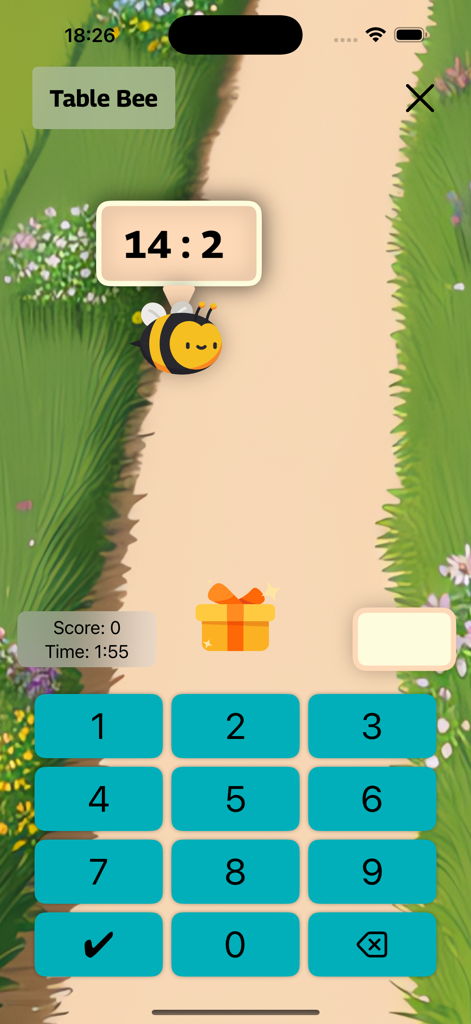 Tafels trainer - Table Bee game mode showing a division problem with a bee character and numeric keypad