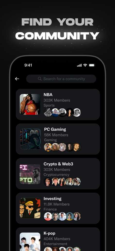 X app screen titled Find Your Community displaying various interest groups like NBA, PC Gaming, and Crypto and Web3