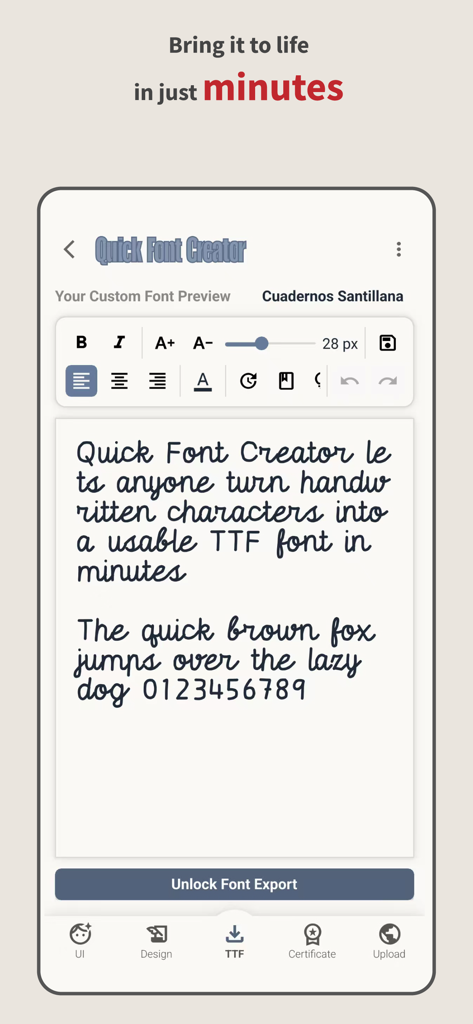Quick Font Creator - A mobile app interface showing a custom handwriting font preview with text editing tools