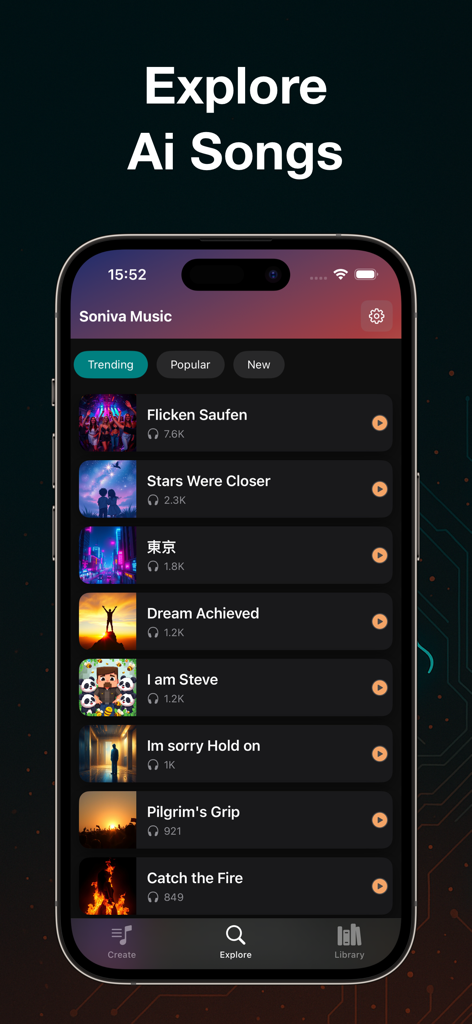 AI Song Maker - Soniva Music - Interface of Soniva AI Song Maker showing a list of trending AI generated tracks in the explore tab