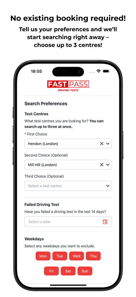 Fast Pass Driving Tests - Interface of the Fast Pass app showing search preferences for driving test locations and available weekdays.