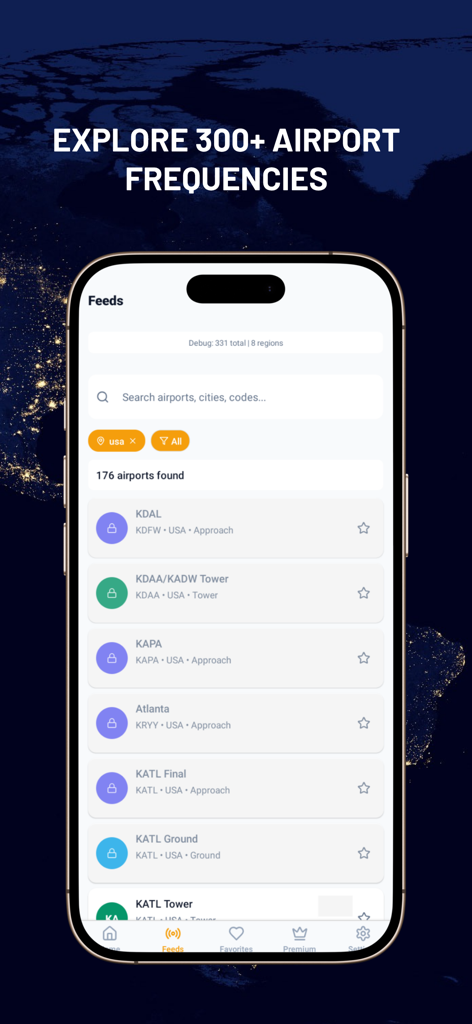Smartphone screen showing the Air Traffic Control app search interface with a list of live airport radio feeds for Atlanta and Dallas.